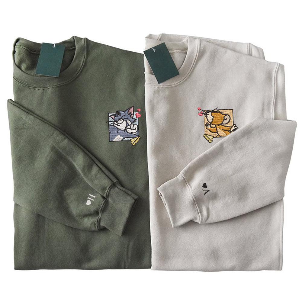 Custom Embroidered Sweatshirts For Couples, Custom Matching Couple Sweatshirt, Cute Mouse Couples Embroidered Crewneck Sweater V2
