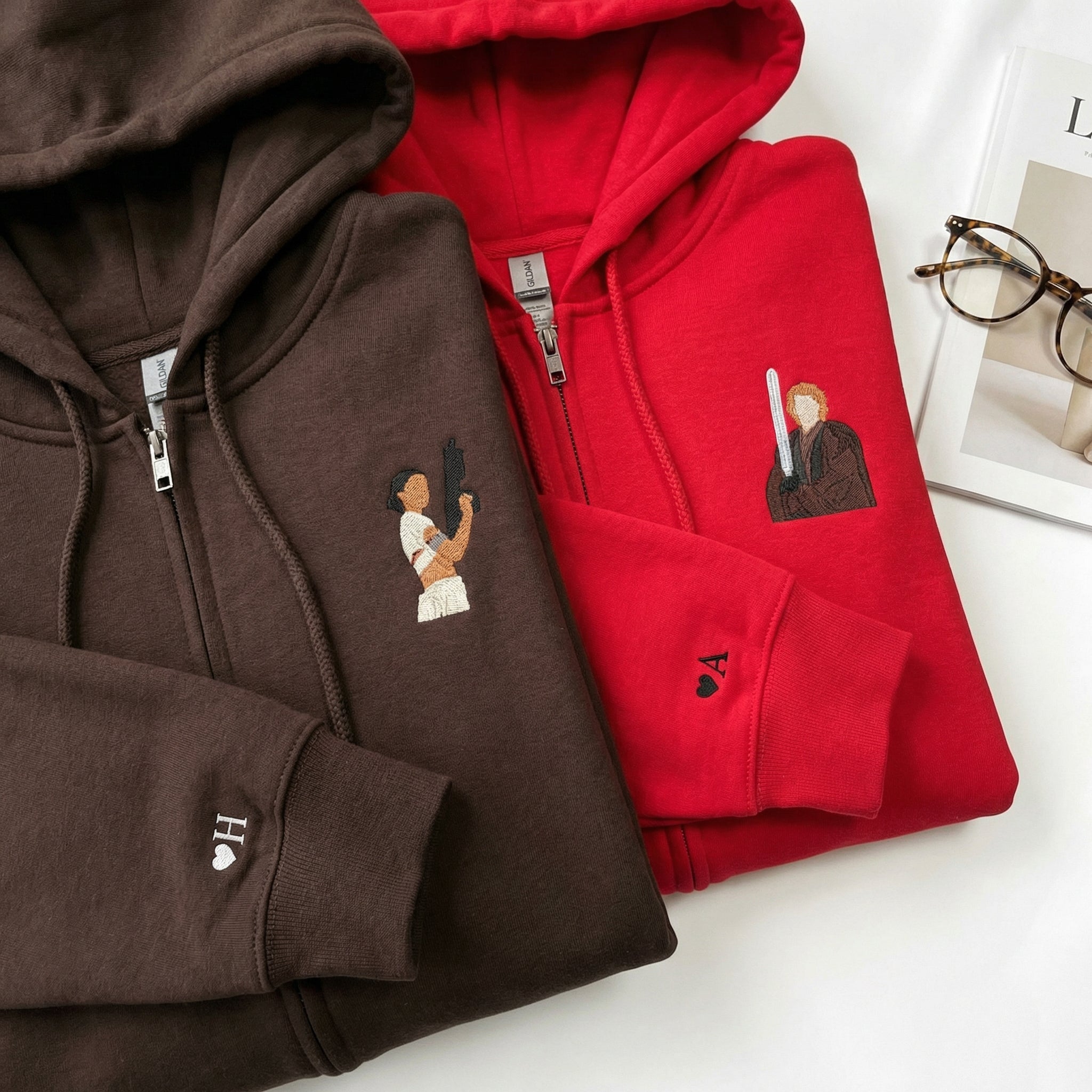 Couples Embroidered Quarter Zip Sweatshirts - Romantic Galaxy-Inspired Matching Full-Zip Hoodie