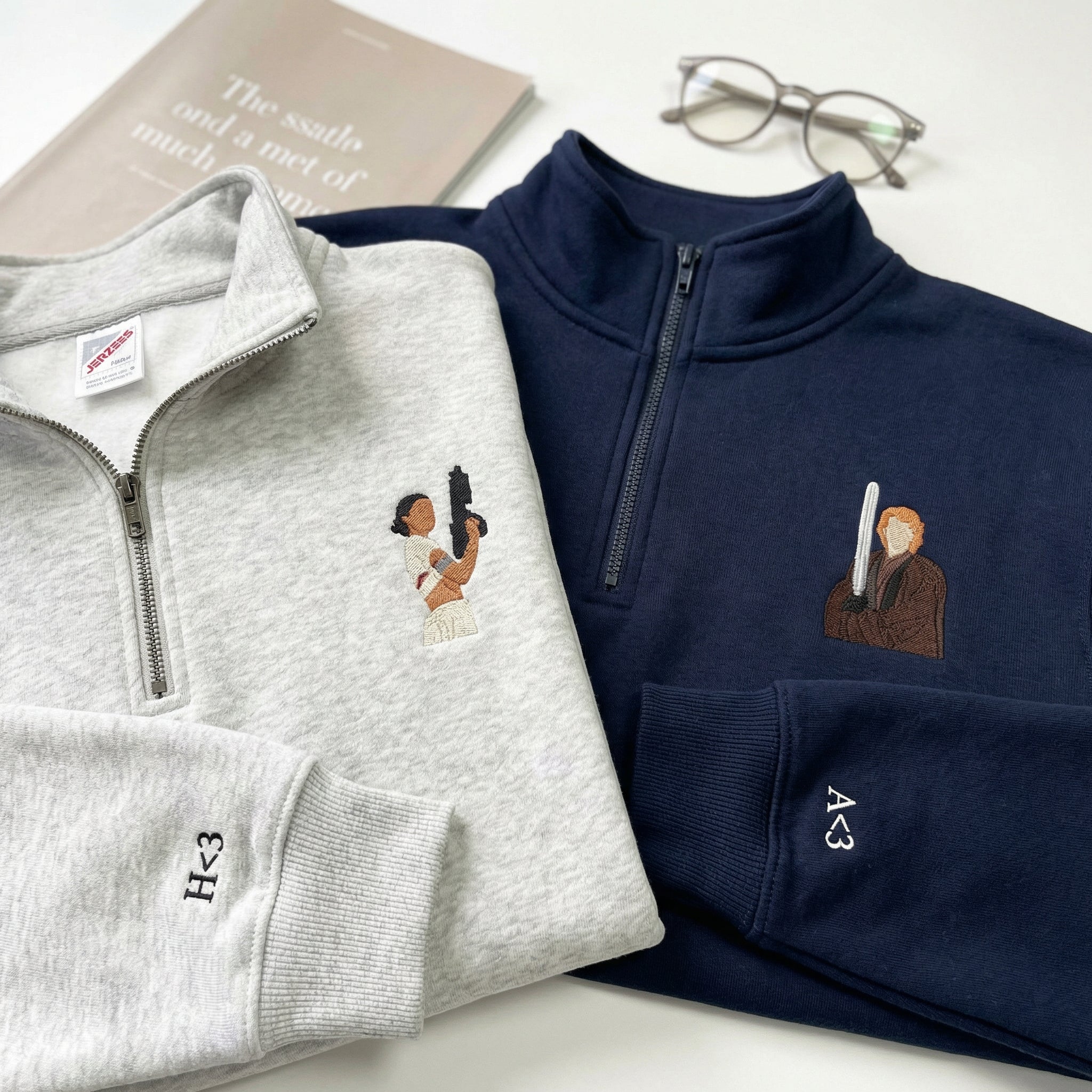 Couples Embroidered Quarter Zip Sweatshirts - Romantic Galaxy-Inspired Matching Full-Zip Hoodie