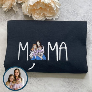 Custom Embroidered Full-Color Mama Portrait Sweatshirt Hoodie with Initial on Sleeve