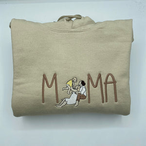 Custom Embroidered Full-Color Mama Portrait Sweatshirt Hoodie with Initial on Sleeve