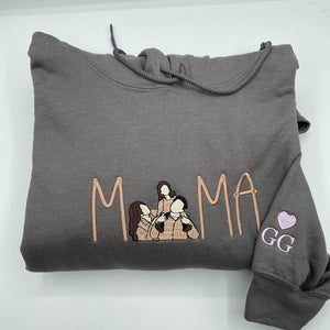 Custom Embroidered Full-Color Mama Portrait Sweatshirt Hoodie with Initial on Sleeve