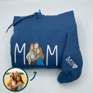Custom Embroidered Full-Color Mama Portrait Sweatshirt Hoodie with Initial on Sleeve