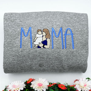Custom Embroidered Full-Color Mama Portrait Sweatshirt Hoodie with Initial on Sleeve