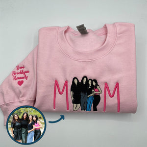 Custom Embroidered Full-Color Mama Portrait Sweatshirt Hoodie with Initial on Sleeve