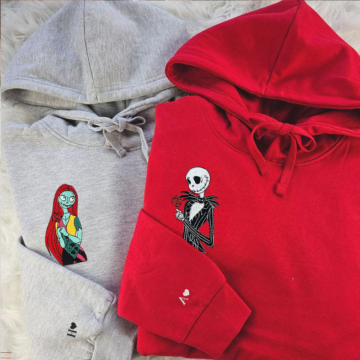 Custom Embroidered Hoodies for Couples, Gothic Halloween Skeleton Couples Embroidered Hoodie