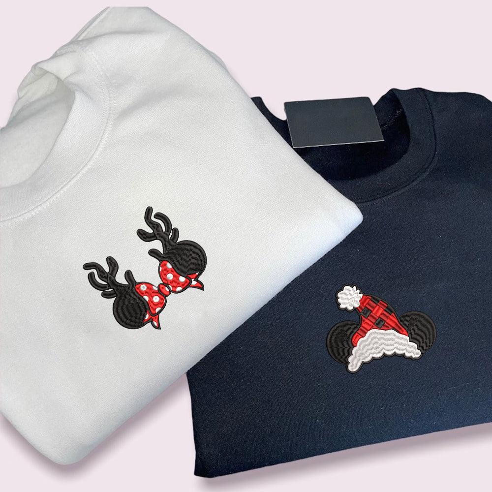 Custom Embroidered Sweatshirts For Couples, Custom Embroidered Cartoon Mouse Christmas Couples Embroidered Sweatshirt Sweater