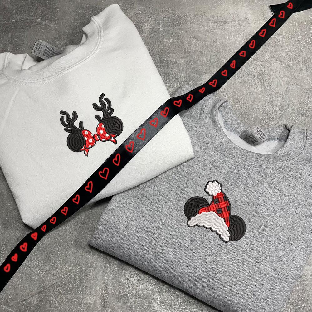 Custom Embroidered Sweatshirts For Couples, Custom Embroidered Cartoon Mouse Christmas Couples Embroidered Sweatshirt Sweater