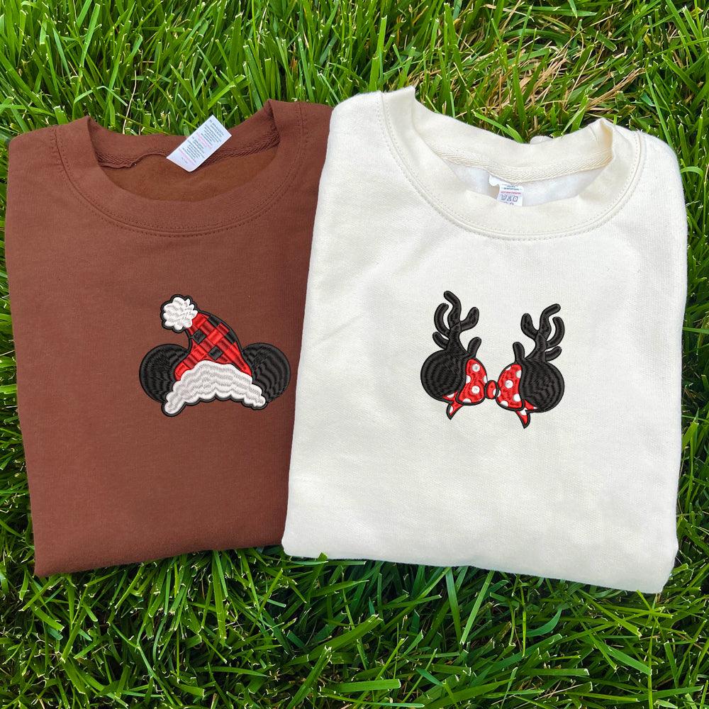 Custom Embroidered Sweatshirts For Couples, Custom Embroidered Cartoon Mouse Christmas Couples Embroidered Sweatshirt Sweater