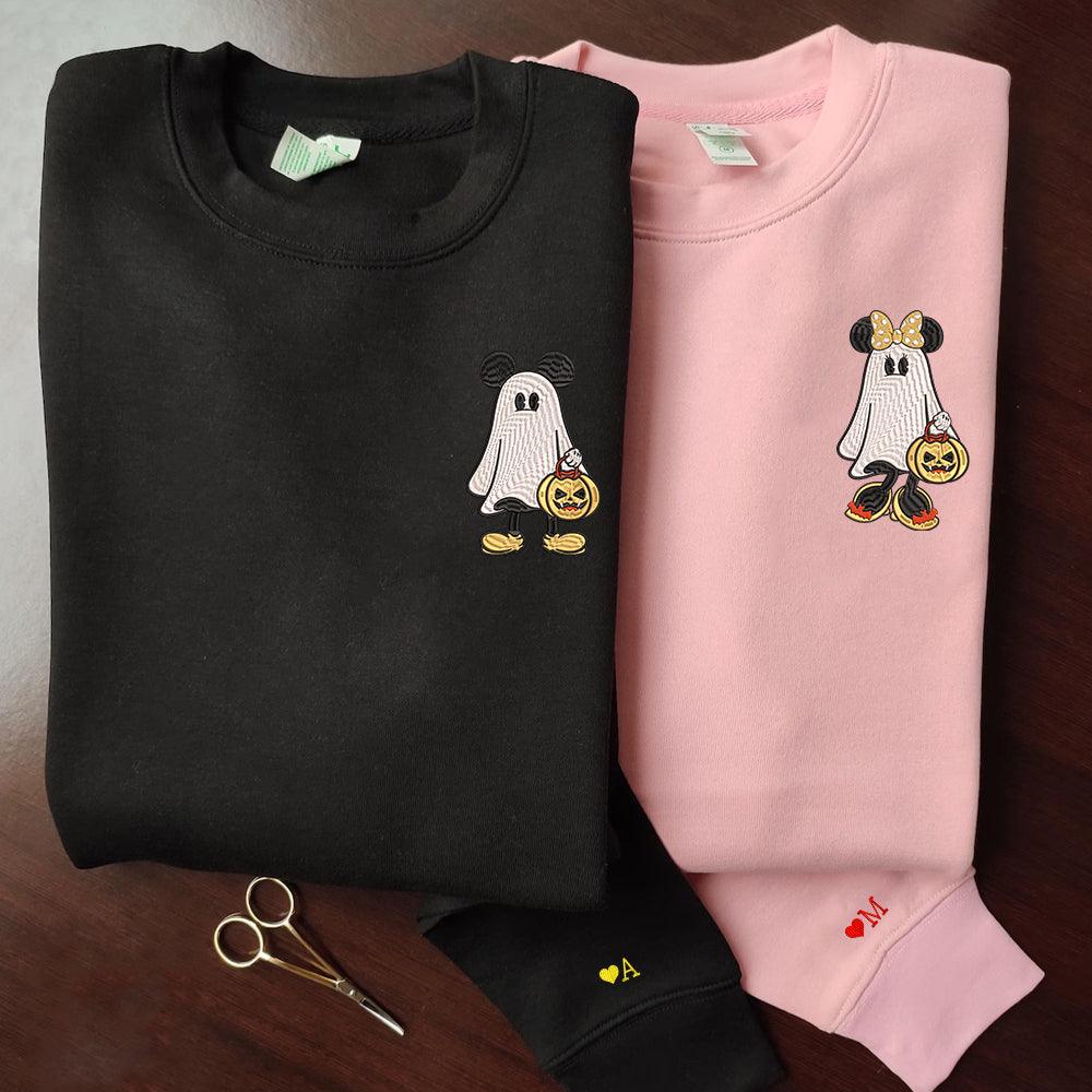 Custom Embroidered Halloween Hoodies For Couples, Custom Matching Couple Hoodie, Cartoon Ghost Mouses Couples Embroidered Hoodie V2