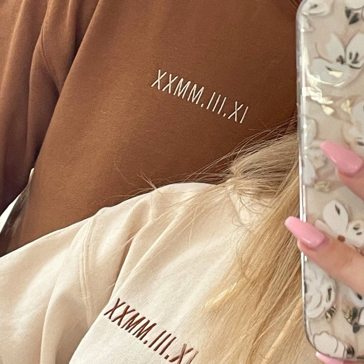 Custom Anniversary Date Embroidered Roman Numeral Matching Couple Shirt Crewneck Sweatshirt