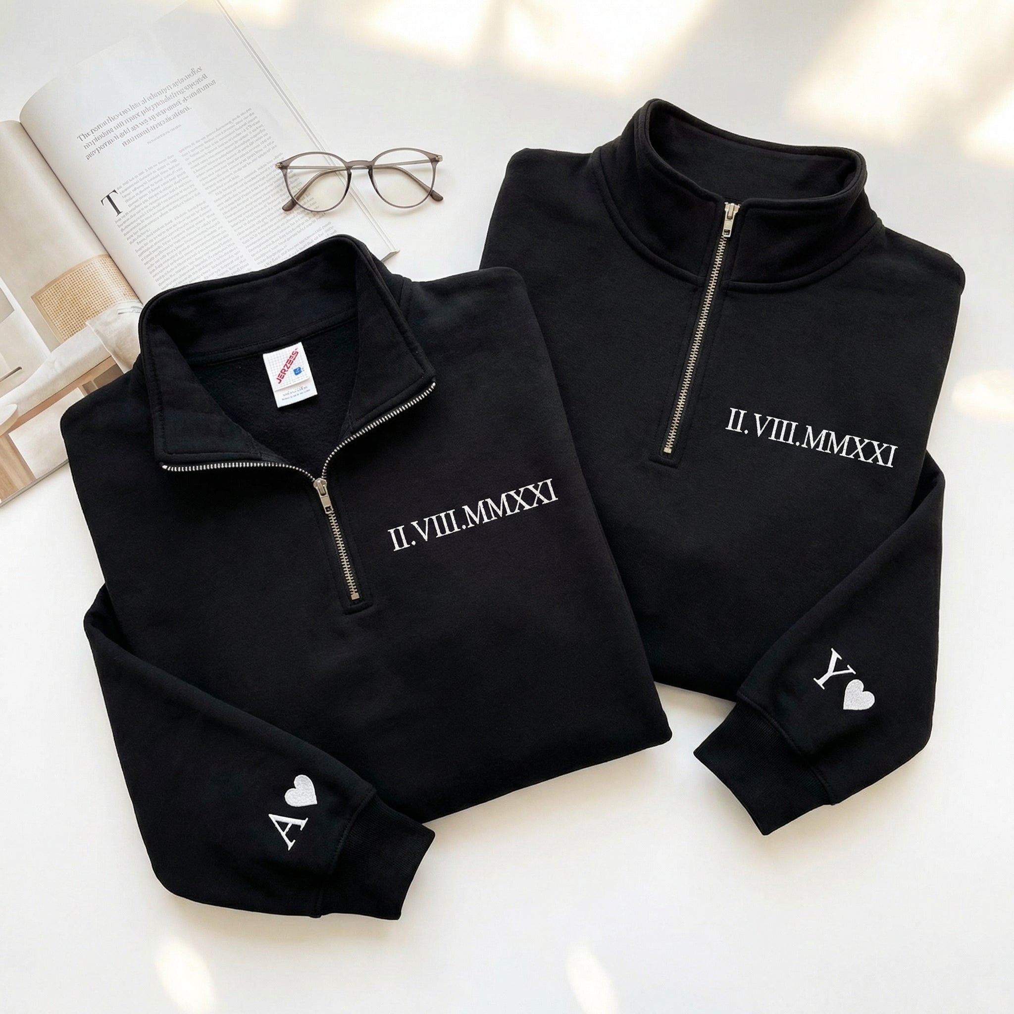 Custom Anniversary Date Roman Numeral Matching Couple Quarter Zip Sweatshirt & Full-Zip Hoodie