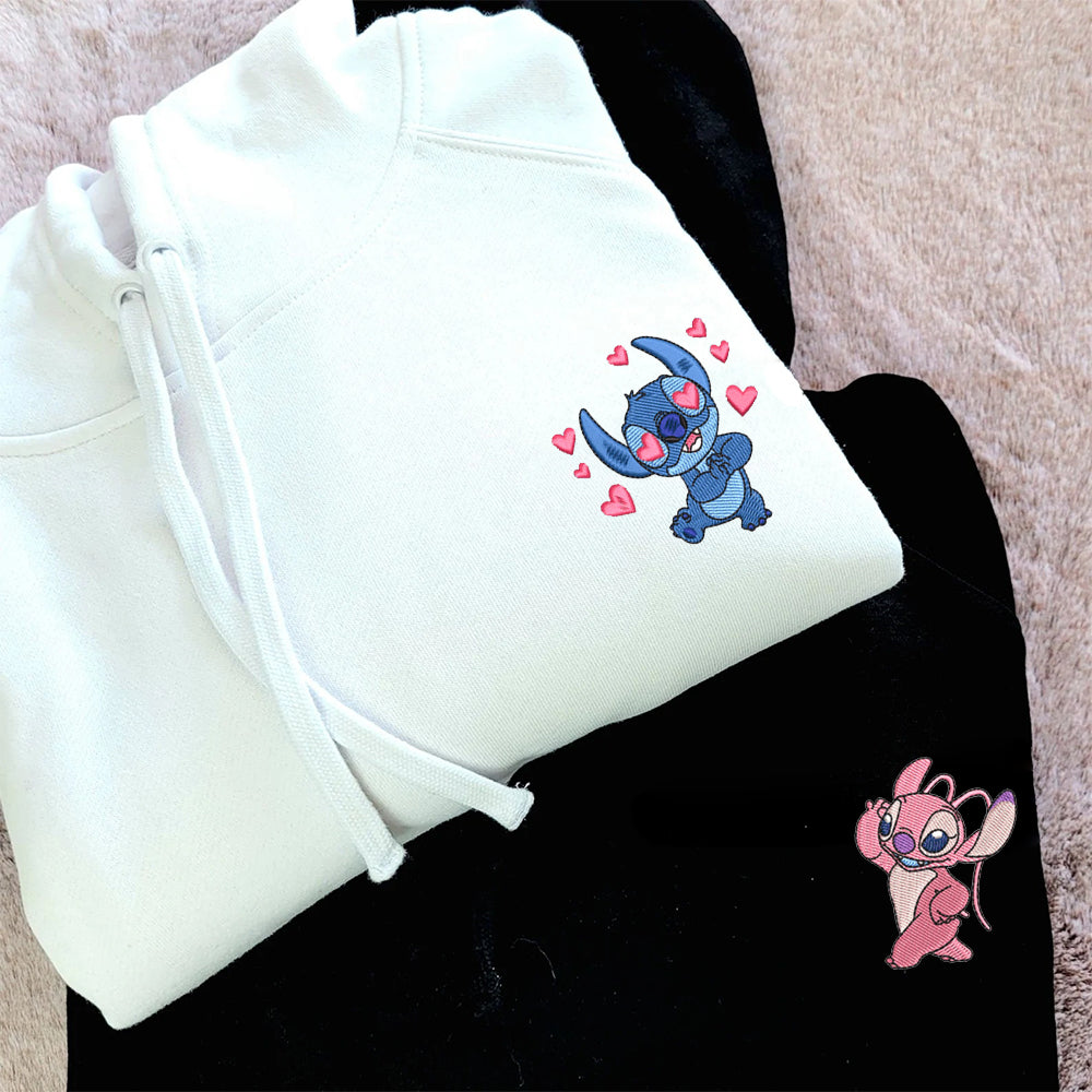 Custom Couple Embroidered Hoodie, Cute Cartoon Alien Characters Hoodie, Sweet Lovers Gift