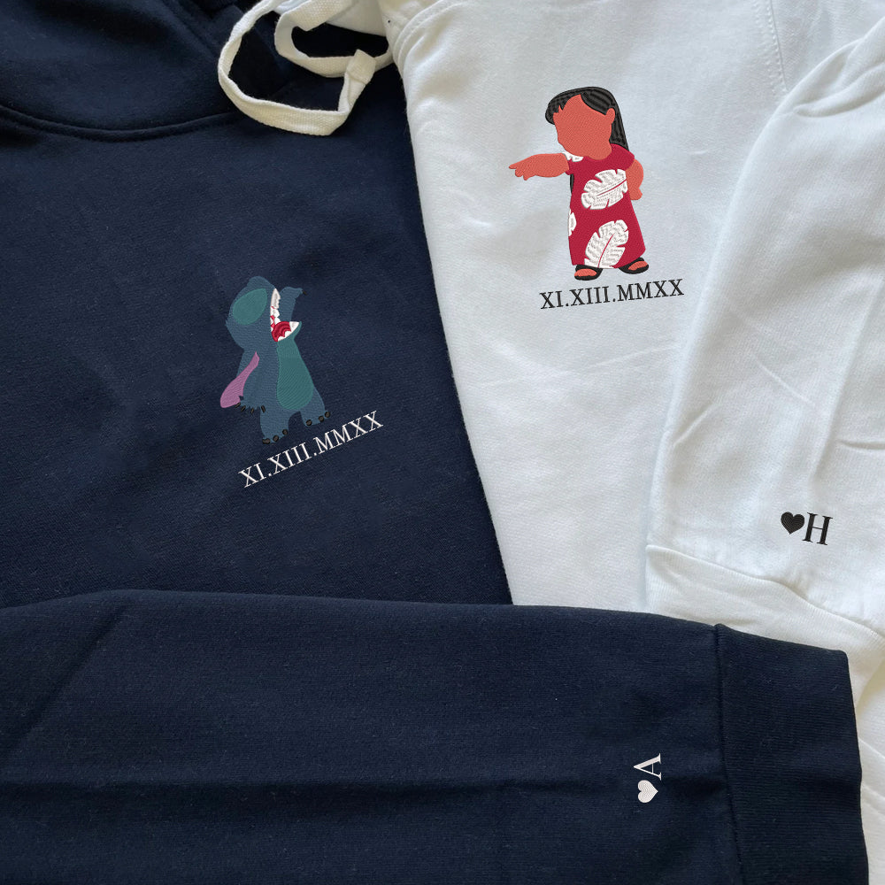 Custom Couple Embroidered Hoodie with Roman Numeral Date, Cute Alien Duo, Anniversary Matching Outfit