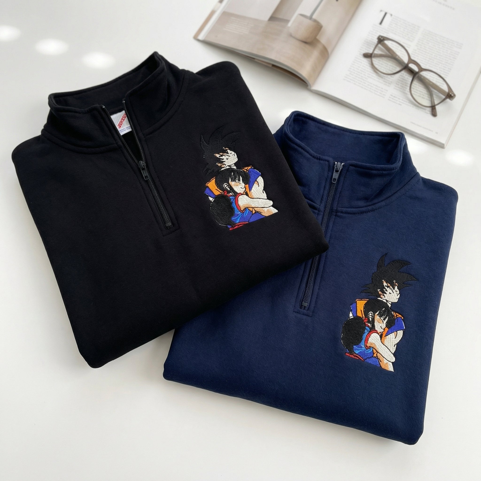Custom Couple Embroidered Quarter Zip Sweatshirt - Cozy Cartoon Hug Lovers Matching Hoodie