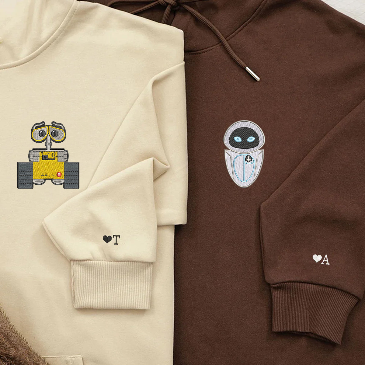 Custom Couple Hoodies, His and Her Matching Robot Lovers Embroidered Sweatshirts