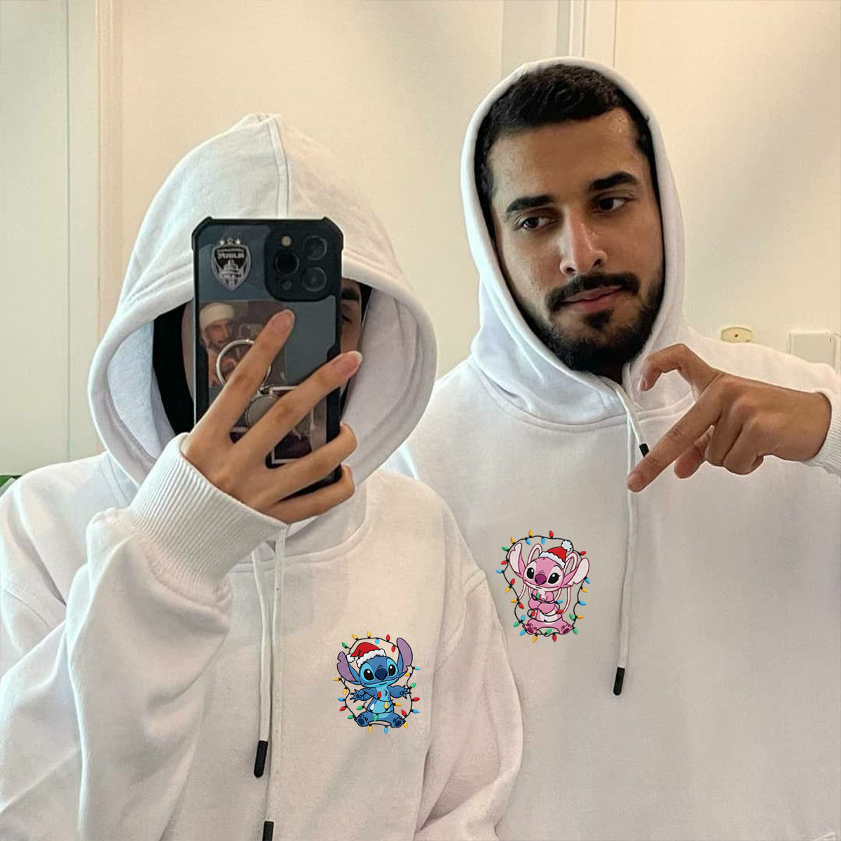 Custom Embroidered Adorable Alien Cartoon Duo Christmas Hoodie with Lights, Cozy Holiday Style Sweatshirt Matching for Couples