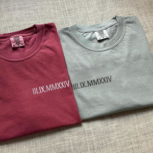 Custom Embroidered Anniversary Date Embroidered Roman Numeral Matching T-shirts for Couples