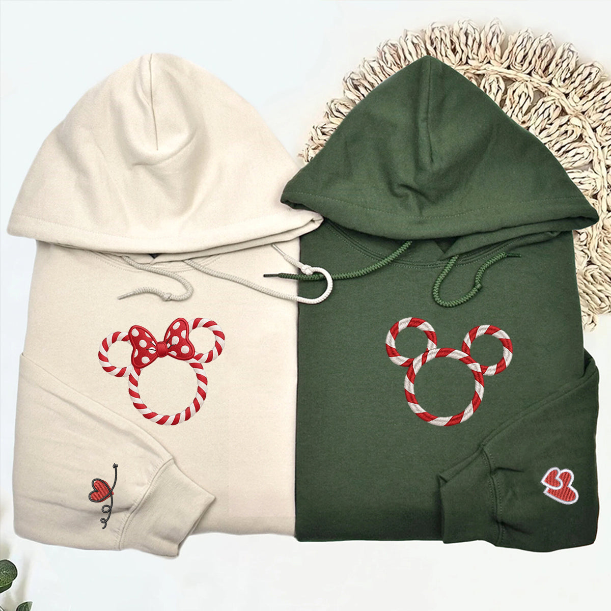 Custom Embroidered Candy Cane Mouse Couple Christmas Sweatshirt, Custom Holiday Hoodie Matching for Couples