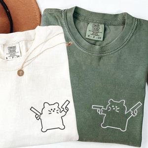 Custom Embroidered Cat with Gun Matching T-shirts for Couples