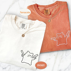 Custom Embroidered Cat with Gun Matching T-shirts for Couples