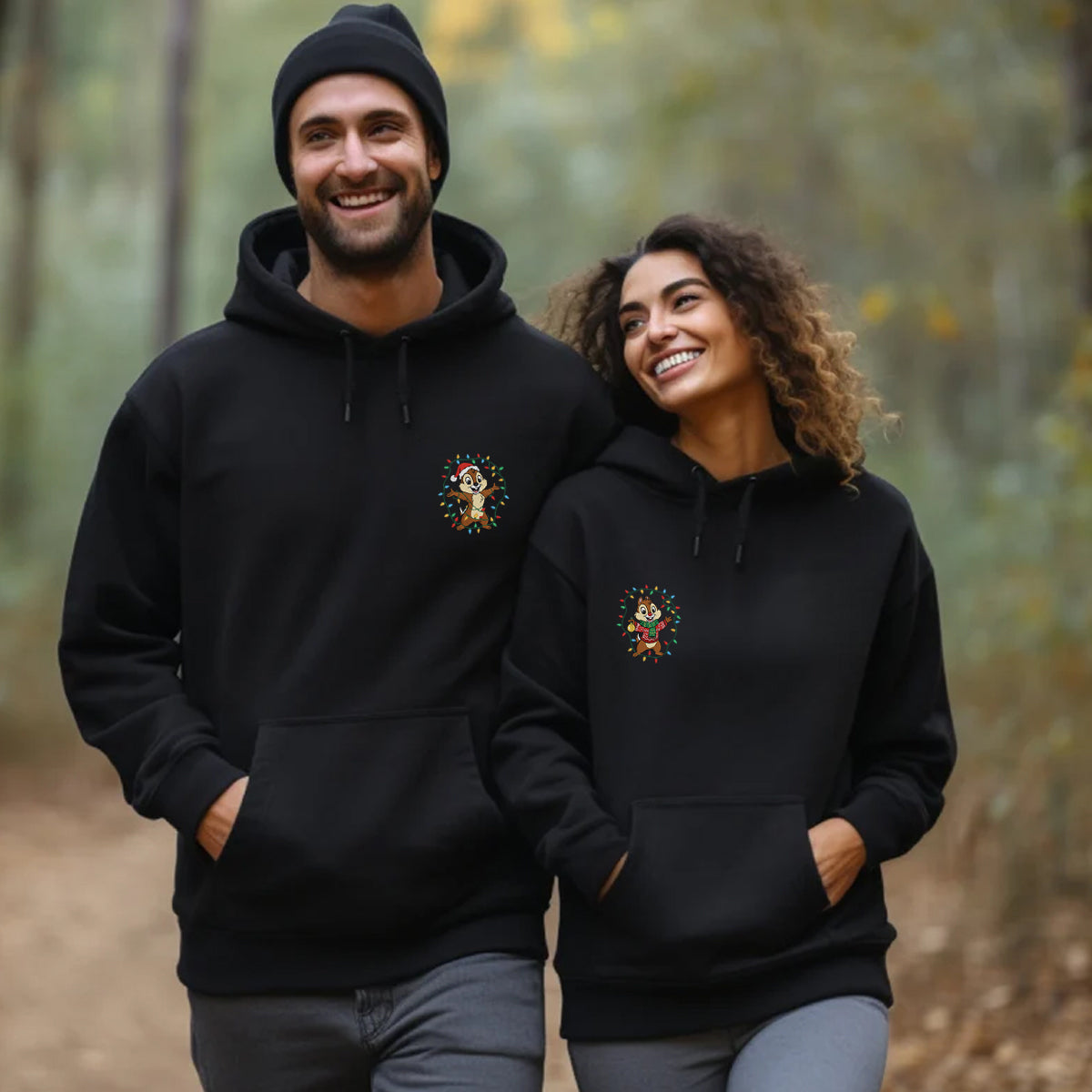 Custom Embroidered Cheerful Chipmunk Pair Christmas Hoodie, Cozy Xmas Lights Sweatshirt Matching for Couples