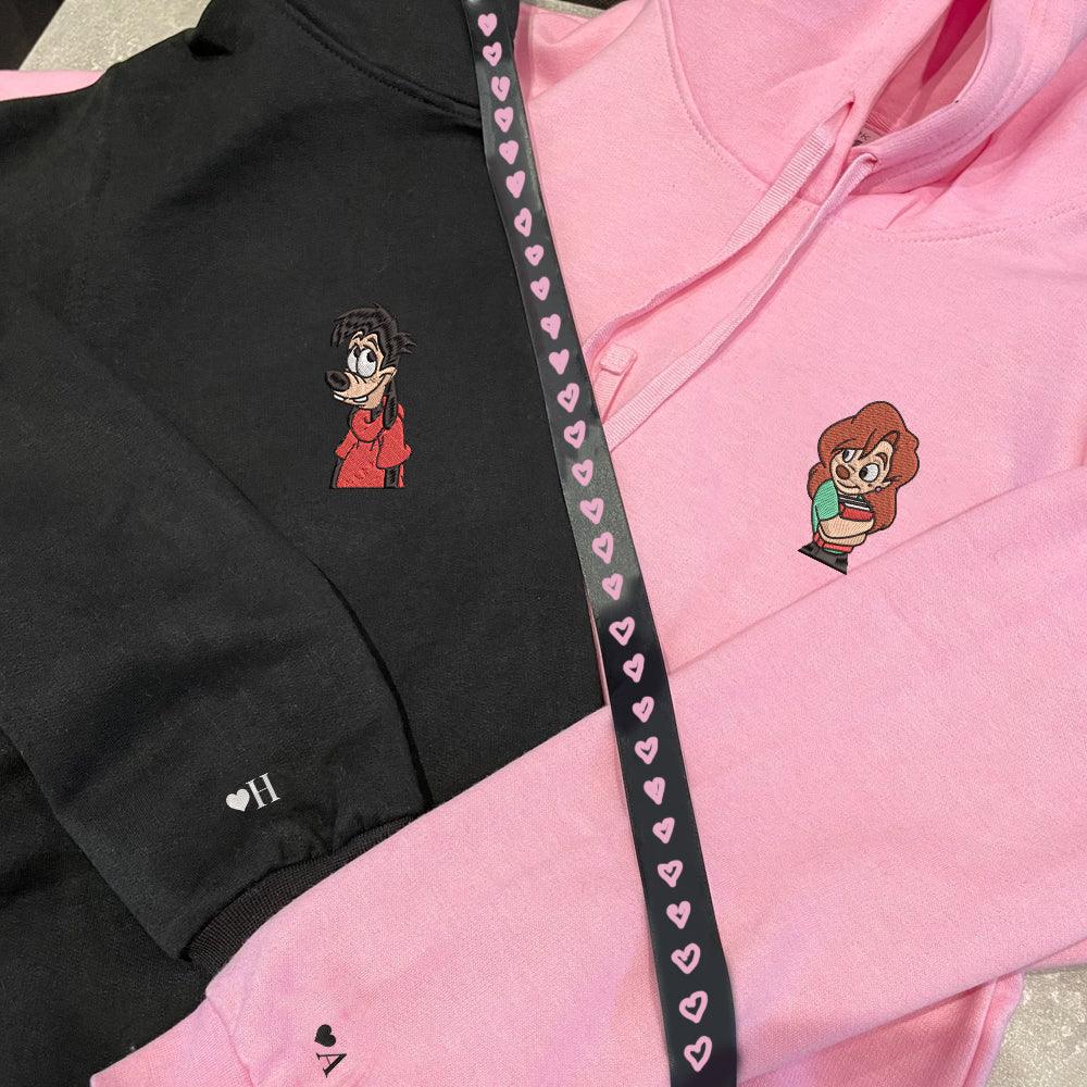 Custom Embroidered Couple Hoodies, Playful Cartoon Duo Inspired Matching Hoodie Outfit