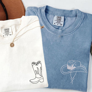 Custom Embroidered Cowboy Boots and Hat Matching T-shirts for Couples