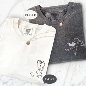 Custom Embroidered Cowboy Boots and Hat Matching T-shirts for Couples