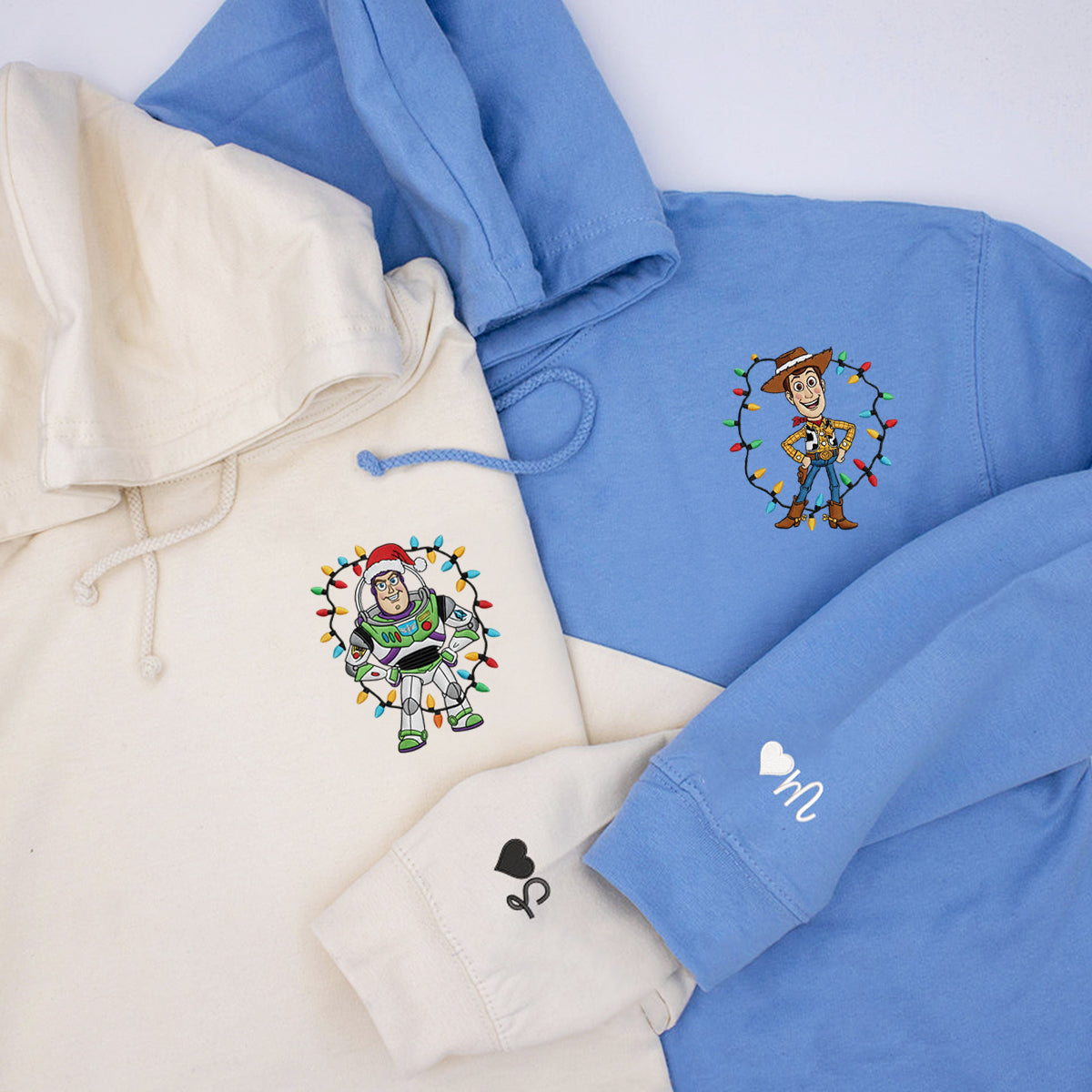 Custom Embroidered Cowboy Friend and Space Hero Cartoon Christmas Sweatshirt, Cozy Holiday Hoodie Matching for Couples