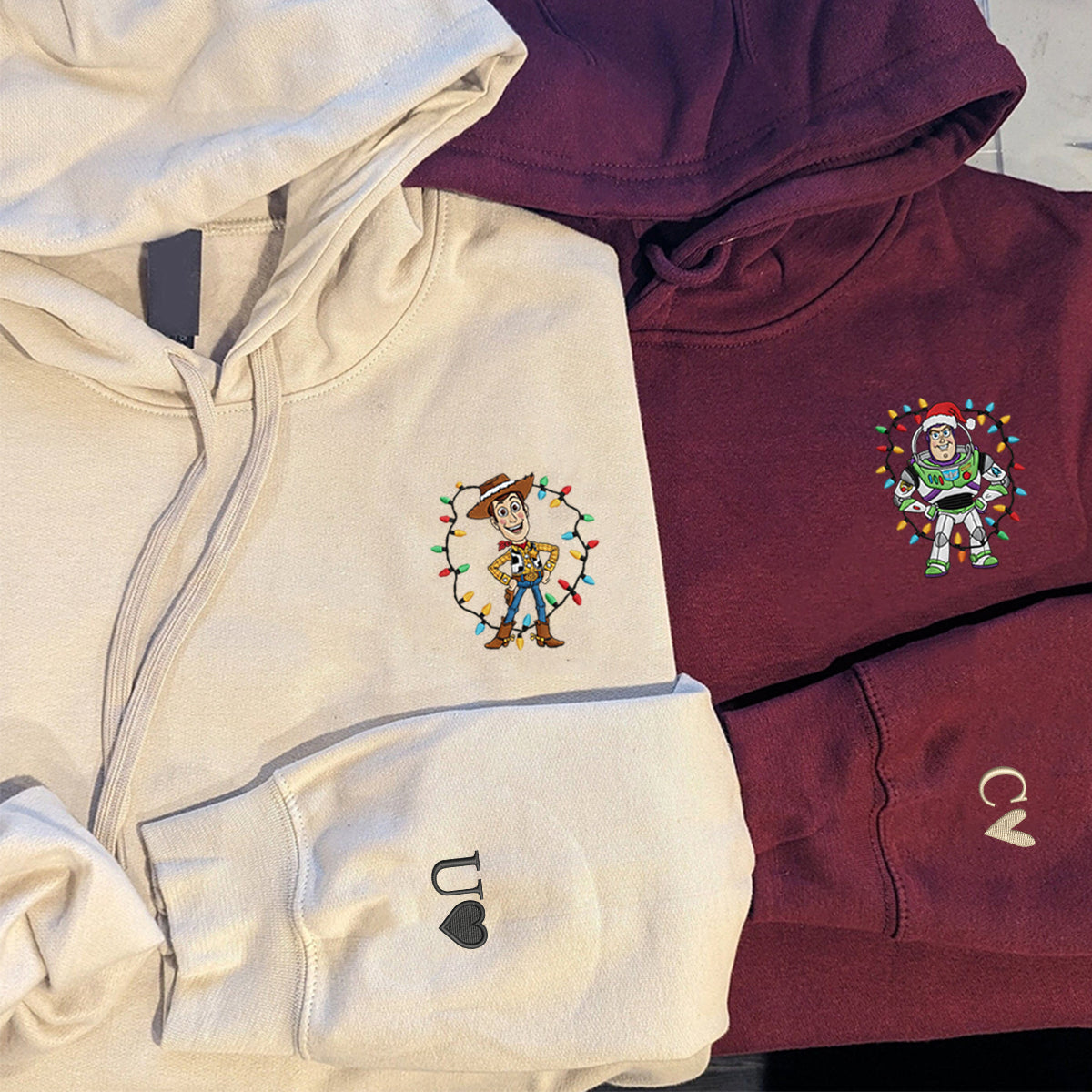 Custom Embroidered Cowboy Friend and Space Hero Cartoon Christmas Sweatshirt, Cozy Holiday Hoodie Matching for Couples