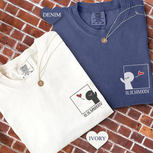 Custom Embroidered Cute Cartoon Roman Numeral Matching T-shirts for Couples