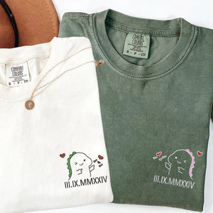 Custom Embroidered Cute Dino Roman Numeral Matching T-shirts for Couples