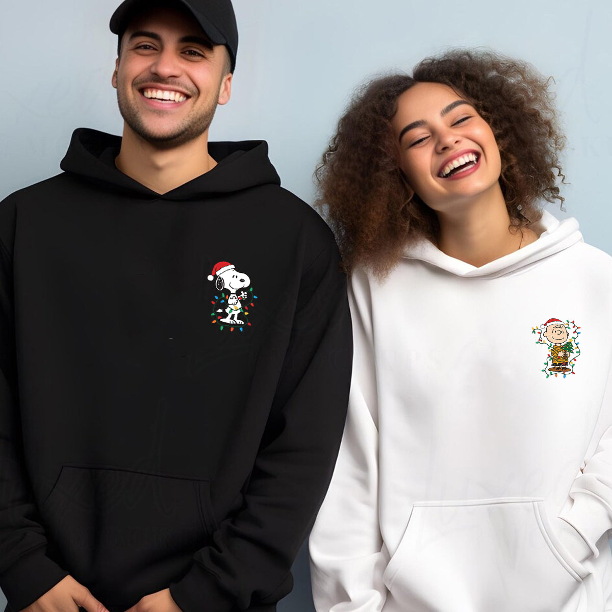 Custom Embroidered Cute Dog and Boy Christmas Lights Sweatshirt, Cozy Vintage Cartoon Hoodie Matching for Couples