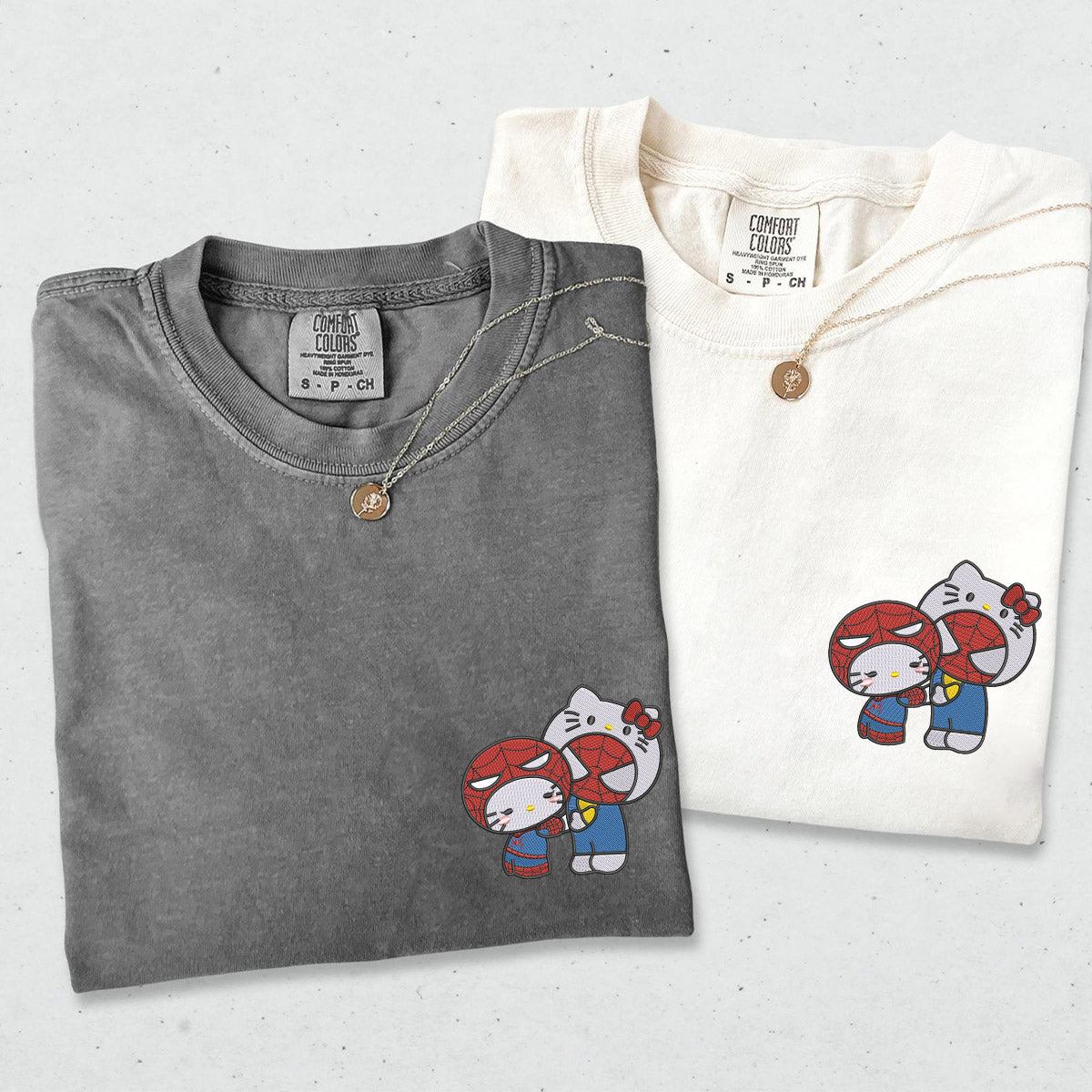 Custom Embroidered Cute Kitten and Spider Matching T-shirts for Couples