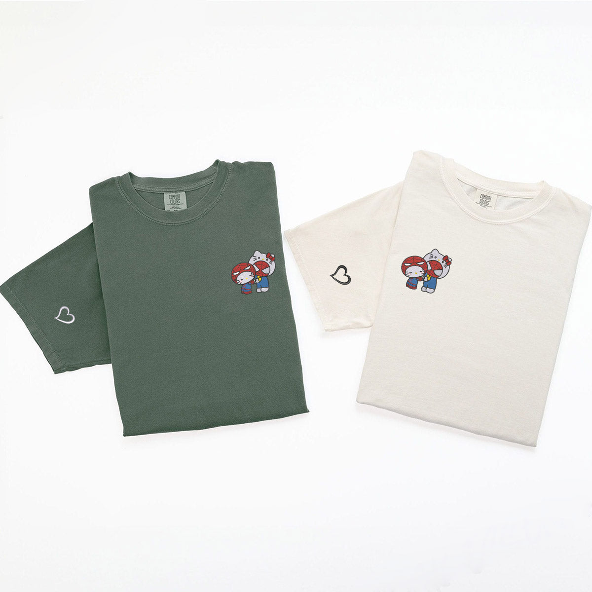 Custom Embroidered Cute Kitten and Spider Matching T-shirts for Couples