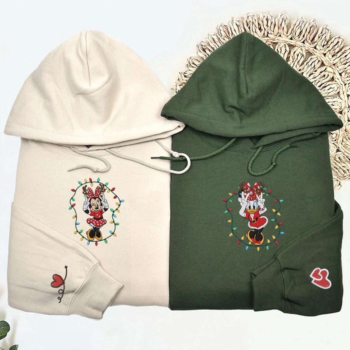 Custom Embroidered Cute Mouse Girl & Duck Bestie Christmas Sweatshirt, Festive Holiday Lights Hoodie Matching for Couples