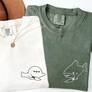 Custom Embroidered Cute Shark and Seal Matching T-shirts for Couples