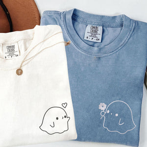 Custom Embroidered Cute Sheet Ghost Matching T-shirts for Couples