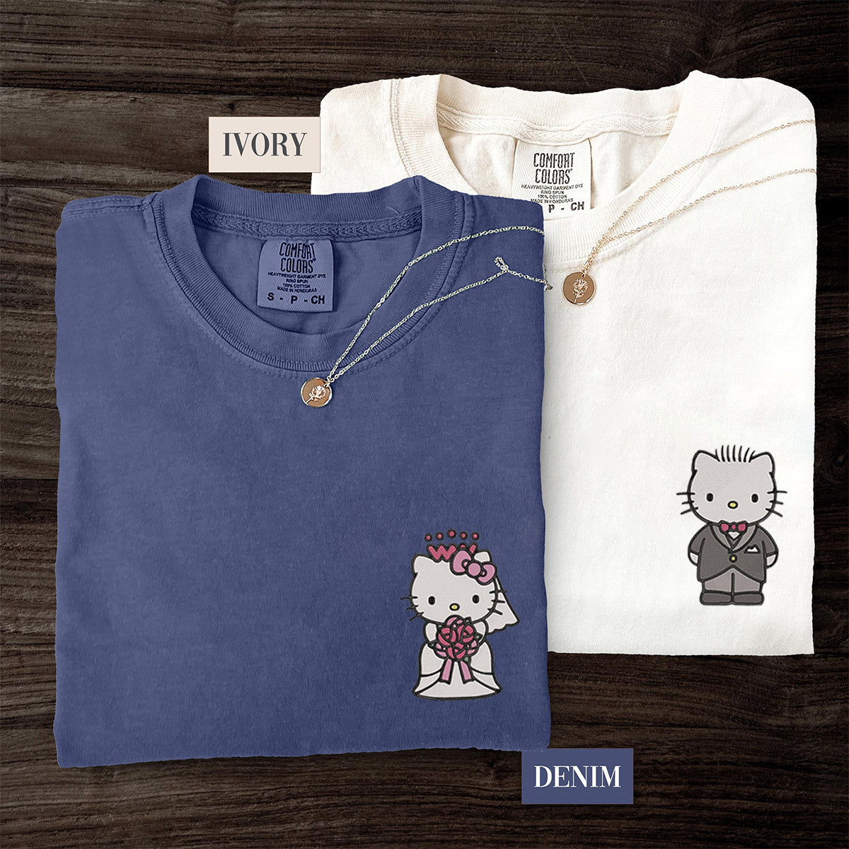 Custom Embroidered Cute Wedding Cartoon Kitten Matching T-shirts for Couples