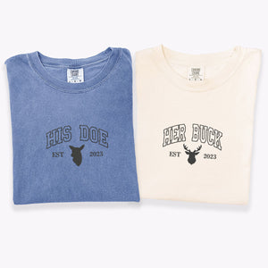 Custom Embroidered Doe Buck Est Year Matching T-shirts for Couples