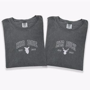 Custom Embroidered Doe Buck Est Year Matching T-shirts for Couples