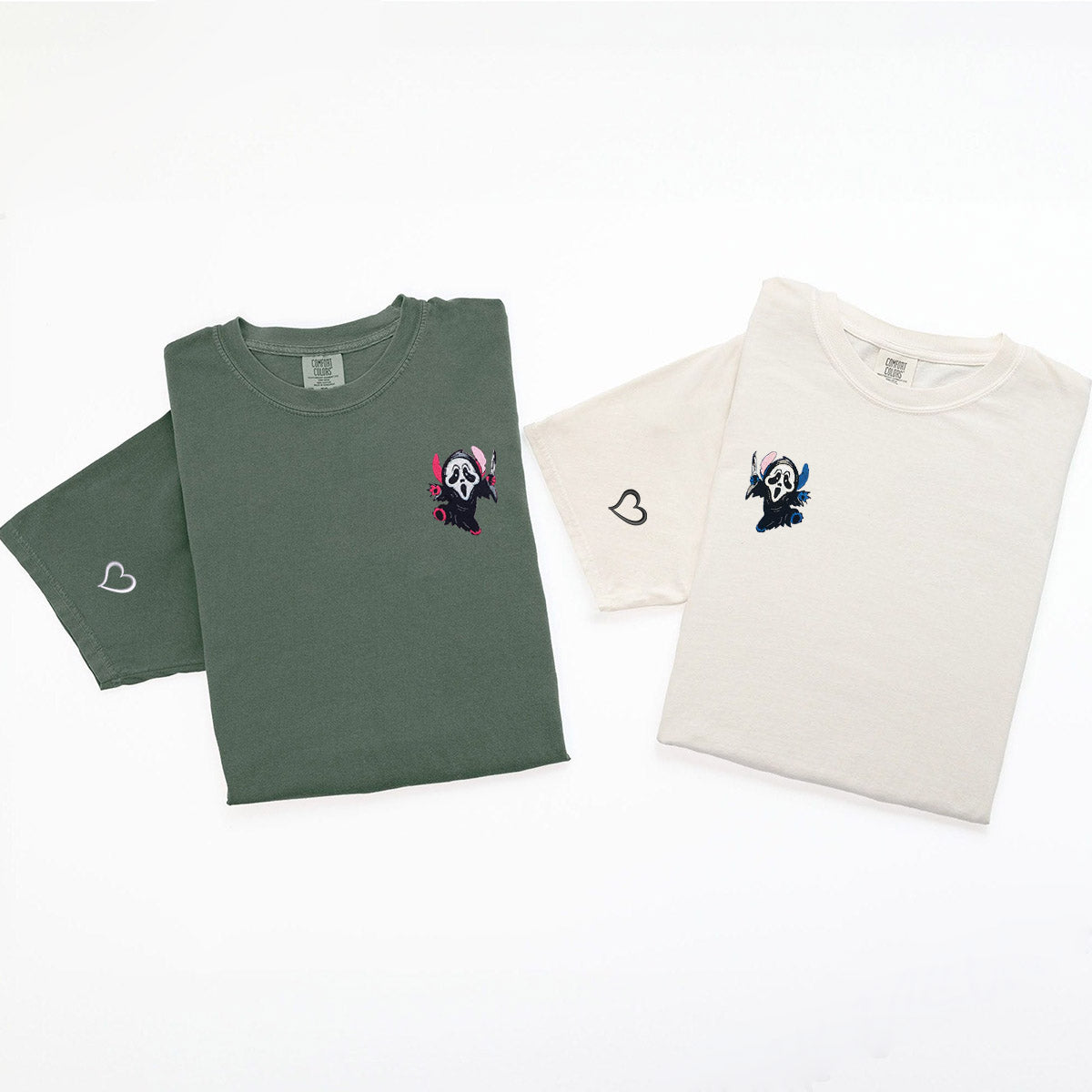 Custom Embroidered Ghost Face Cartoon Halloween Matching T-shirts for Couples