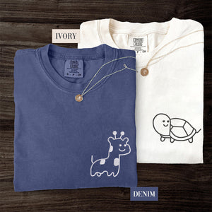 Custom Embroidered Giraffe and Turtle Matching T-shirts for Couples