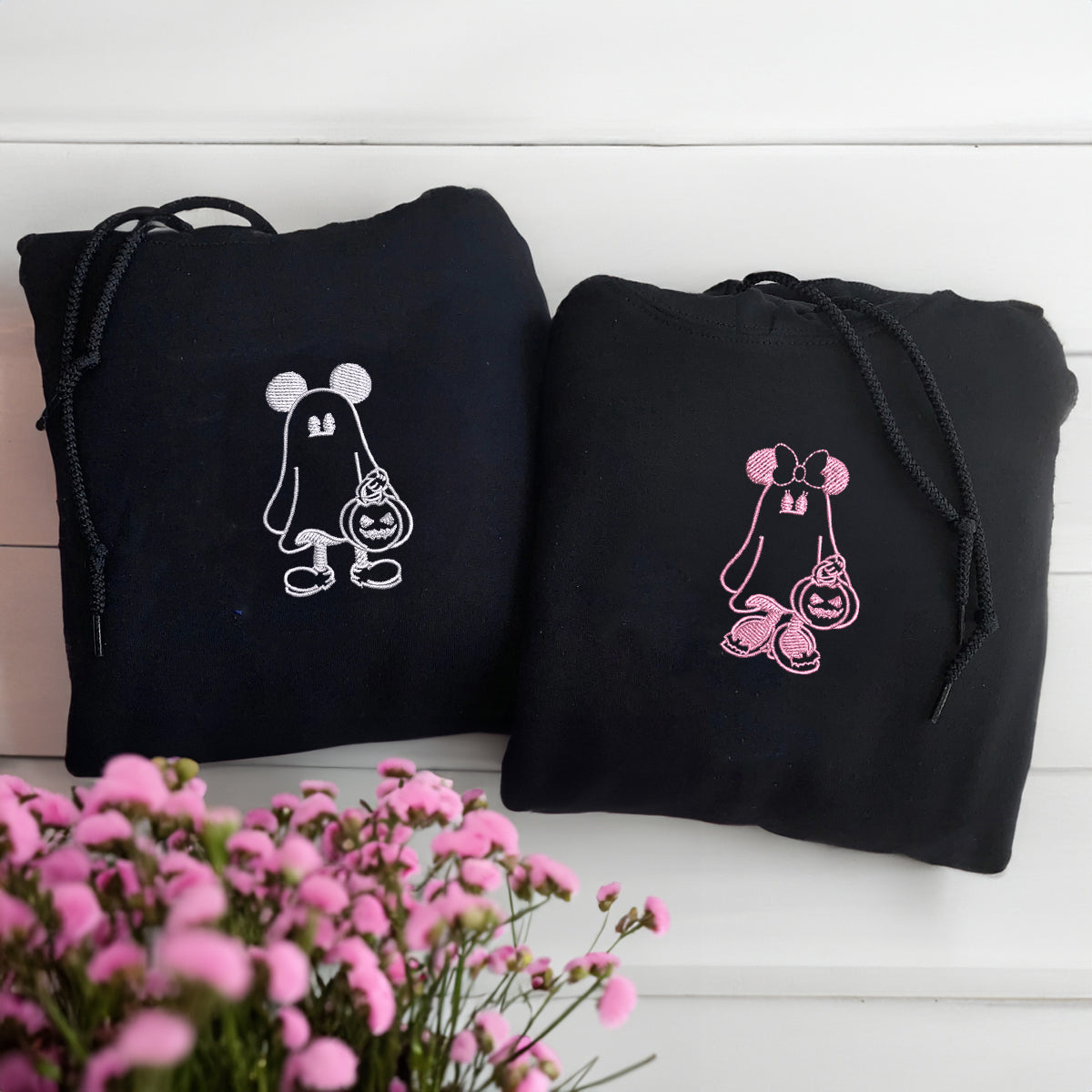 Custom Embroidered Halloweeen Hoodies For Couples, Custom Matching Couple Hoodie, Cartoon Ghost Mouses Couples Embroidered Hoodie V3