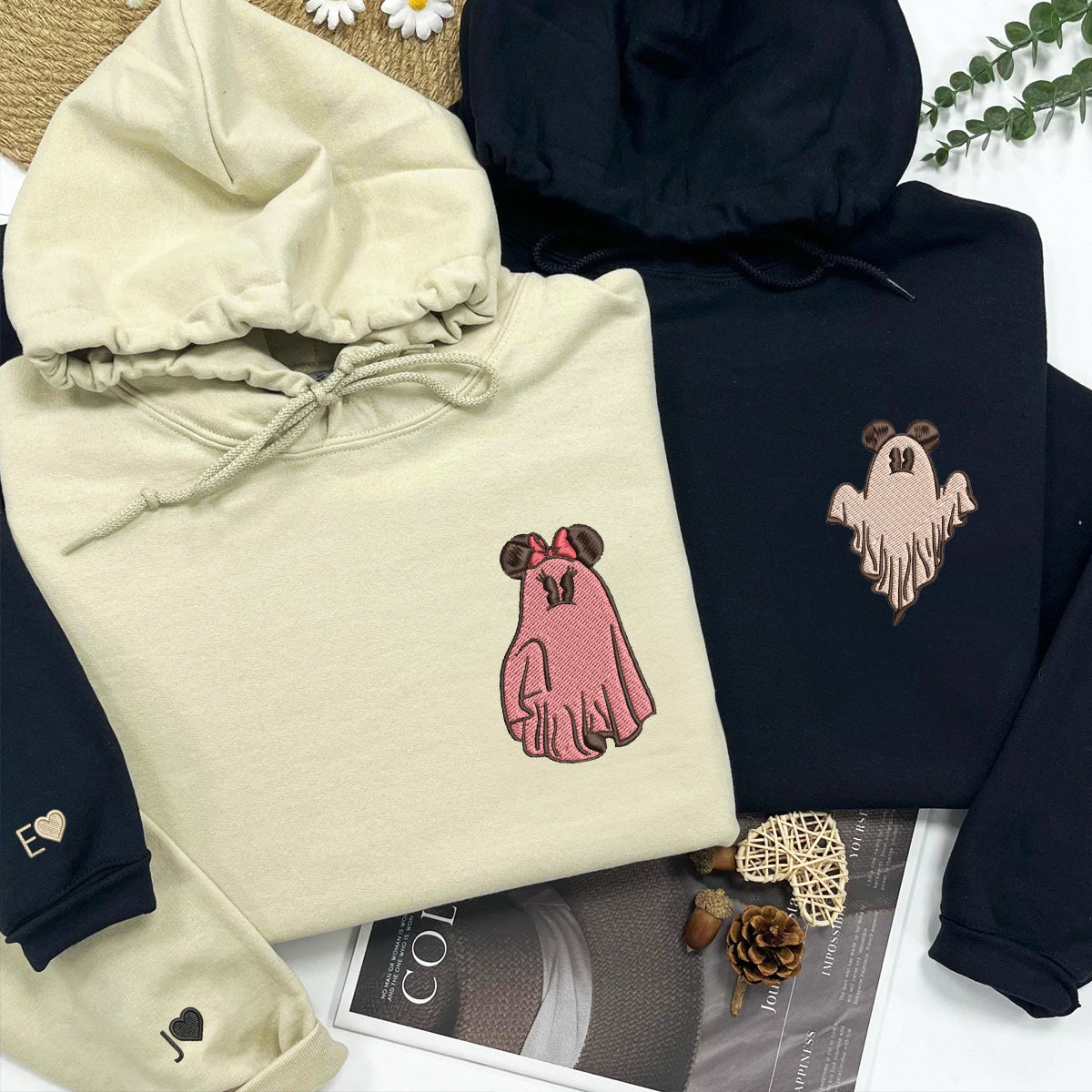 Custom Embroidered Halloween Hoodies For Couples, Custom Matching Couple Hoodies, Trick or Treat Ghost Mouse Couples Embroidered Hoodie