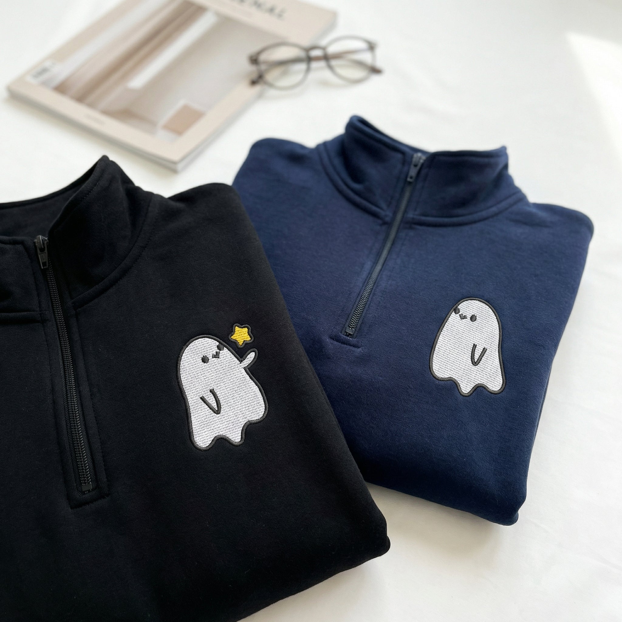 Custom Embroidered Halloween Quarter Zip Sweatshirts for Couples - Ghost Spooky Season Matching Full-Zip Hoodie