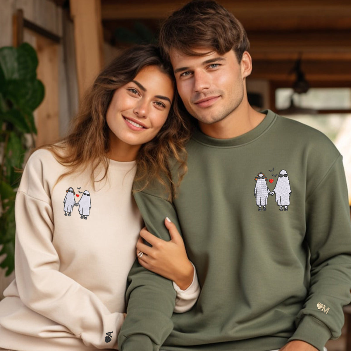 Custom Embroidered Halloween Sweatshirts For Couples, Halloween Couples Ghost Embroidered Sweatshirt, Ghost Season Embroidered Sweater