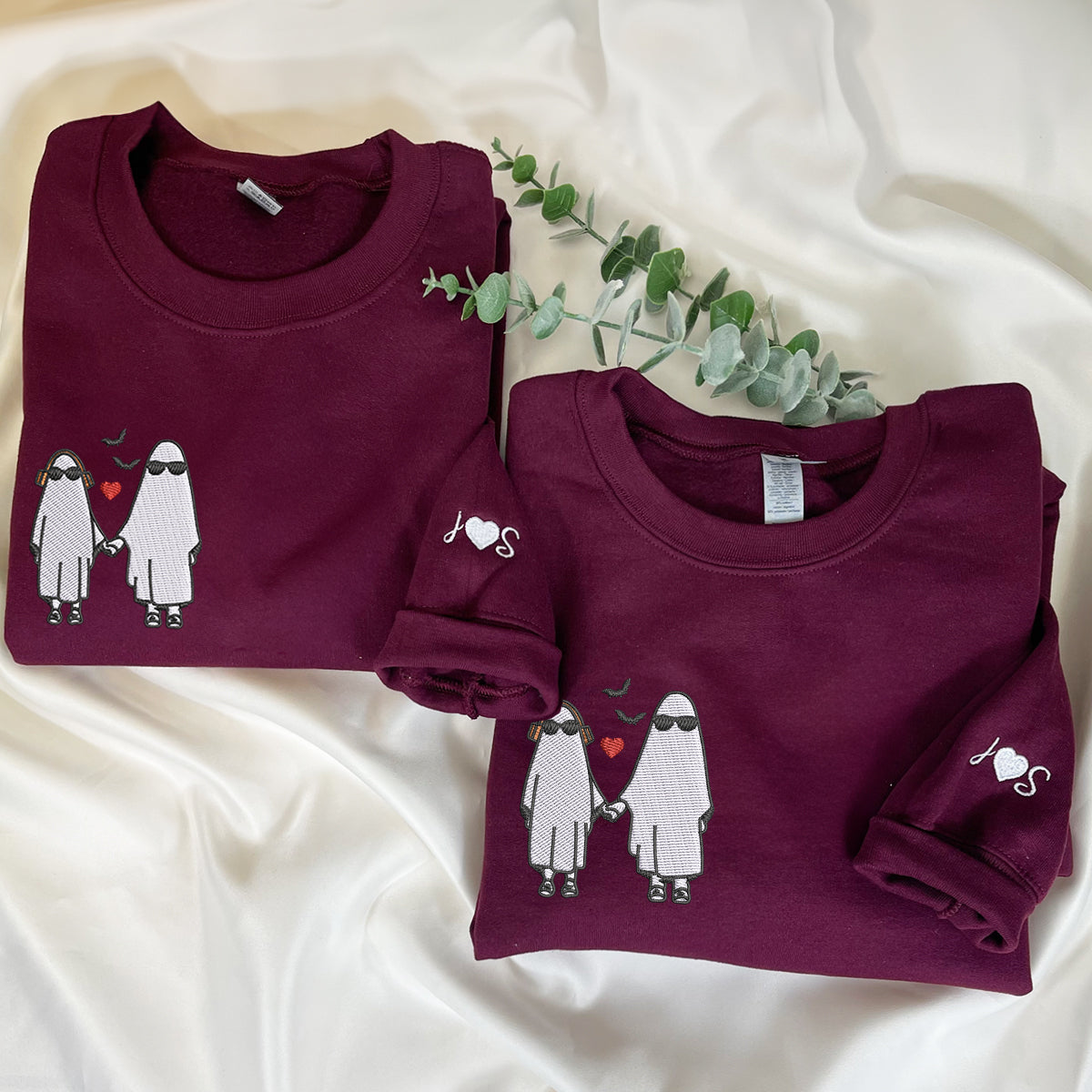 Custom Embroidered Halloween Sweatshirts For Couples, Halloween Couples Ghost Embroidered Sweatshirt, Ghost Season Embroidered Sweater