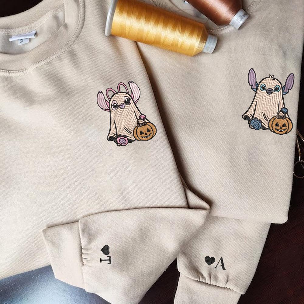 Custom Embroidered Halloween Sweatshirts For Couples, Trick or Treat Ghost Couples Embroidered Sweater